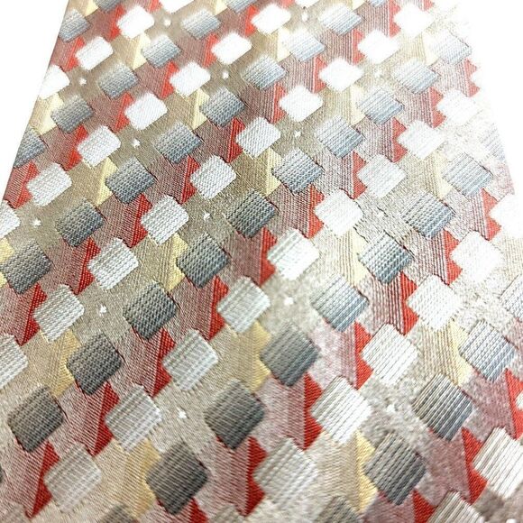 Van Heusen Brown Tan Red Woven Geometric Stain Resistant Silk Tie - Picture 2 of 7